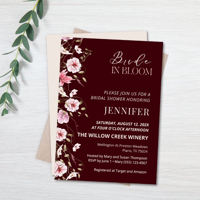Bride in Bloom Burgundy Floral Bridal Shower  Einladung (Von Creator hochgeladen)
