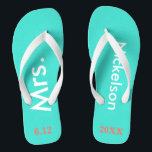 Bride Mrs. Turquoise Blue Flip Flops<br><div class="desc">Hell türkis blau mit Frau und Nachname geschrieben in weißem Text und Datum der Hochzeit in Korallen zu personalisieren. Hübsches Strandziel oder Flitterwochen flip Flops für die neue Braut. Originale Entwürfe von TamiraZDesign.</div>