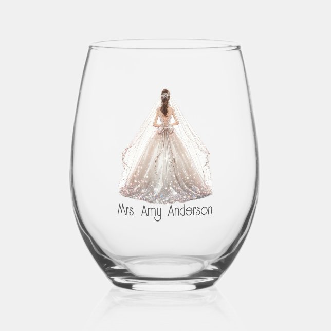 Bride Mrs. Wedding Dress Bridal Geschenk Custom Weinglas Ohne Stiel (Vorderseite)