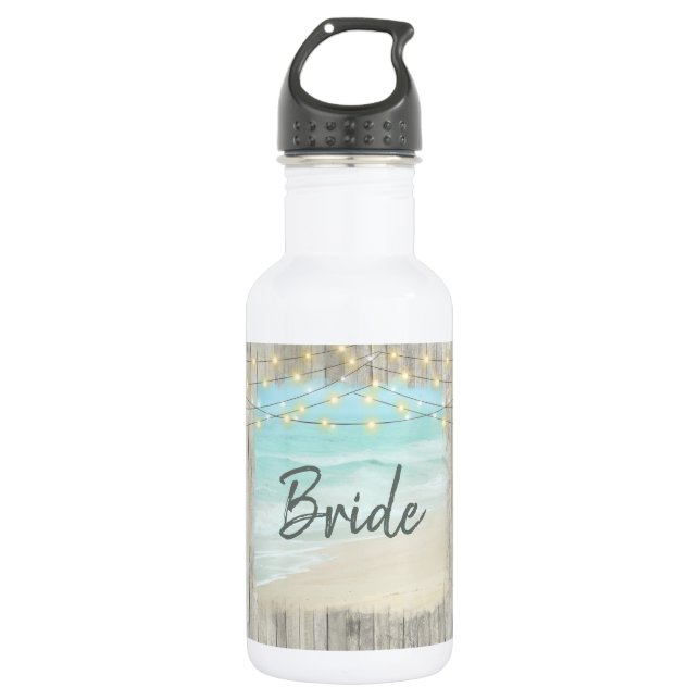 Bride Rustic Beach String Lights Ocean Wedding Edelstahlflasche (Vorderseite)