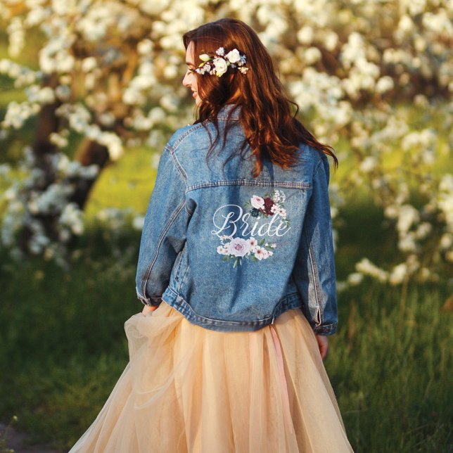 Bride Script Bourgogne & Fleurs Aquarelles Roses (Bride Script Burgundy & Pink Watercolor Flowers Denim Jacket)