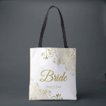 Bride Simple Elegante Wedding Tote Bag White Gold Tasche<br><div class="desc">Diese Bride Tote Taschen sind für die Koordination mit unserer Gold Foil Elegant Wedding Suite konzipiert und sind vollständig anpassbar. Einfaches Design beinhaltet goldene Skripttexte mit einem Blumenrand über einem weißen Hintergrund. Der gesamte Text ist anpassbar. Großartiges Memento für Ihren besonderen Tag!</div>