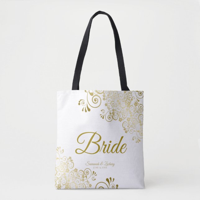 Bride Simple Elegante Wedding Tote Bag White Gold Tasche (Vorderseite)