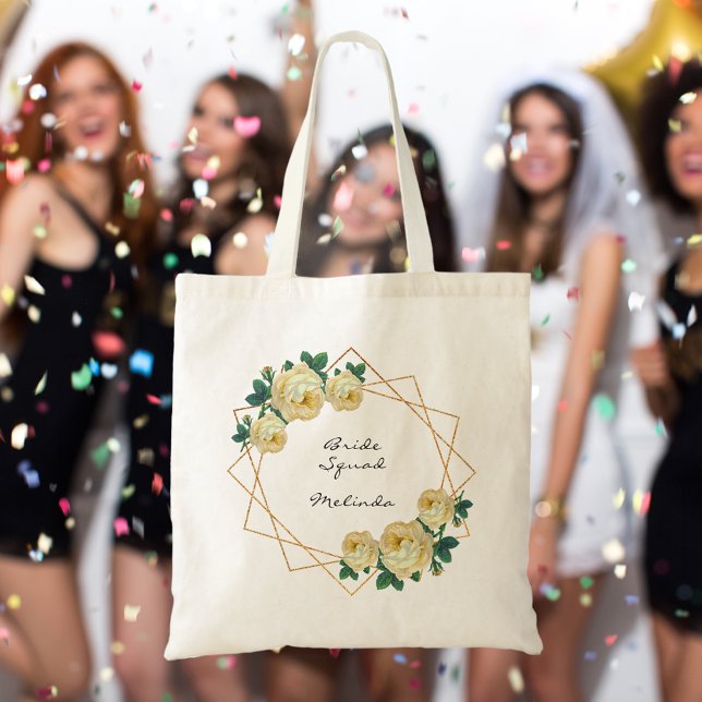 Bride Squad Gelbe Blüte Elegante Gold Glitzer Geo Tragetasche (Bride Squad Yellow Floral Elegant Gold Glitter Geo Tote Bag)