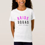 Bride Squad | Hot Pink Bachelorette Bridesmaid T-Shirt<br><div class="desc">Niedliches, einfaches, stilvolles "Bride Squad" Zitat-Girls-Shirt mit moderner, minimalistischer Typografie in schwarz und heißen Neonfarben in einem coolen trendigen Stil. Der Slogan, Name und Rolle kann leicht mit den Namen Ihres Brautparty personalisiert werden, z.B. Braut, Brautmädchen, Blume Mädchen, Mutter der Braut, Glam Squad u.v.m. Das perfekte Zusammenspiel, die Koordination von...</div>