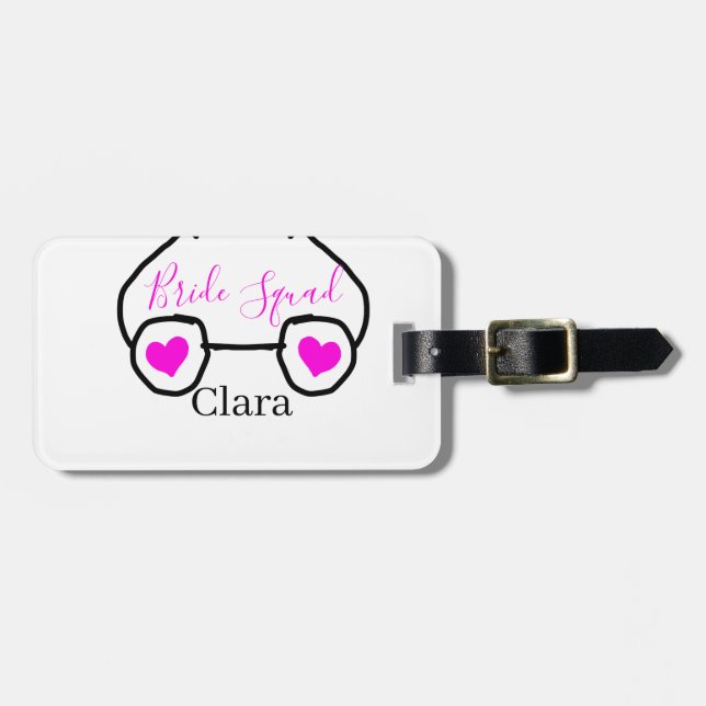 Bride Squad rosa schwarze Brille Herz Brautjungfra Gepäckanhänger (Vorderseite horizontal)