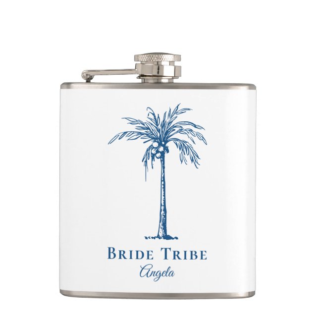 Bride Stam Blue Tropical Palm Tree Custom Flachmann (Vorderseite)