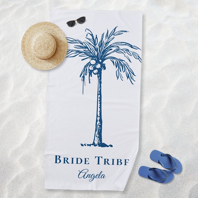 Bride Stam Blue Tropical Palm Tree Custom Strandtuch (Bride Tribe Blue Tropical Palm Tree Custom Beach Towel)