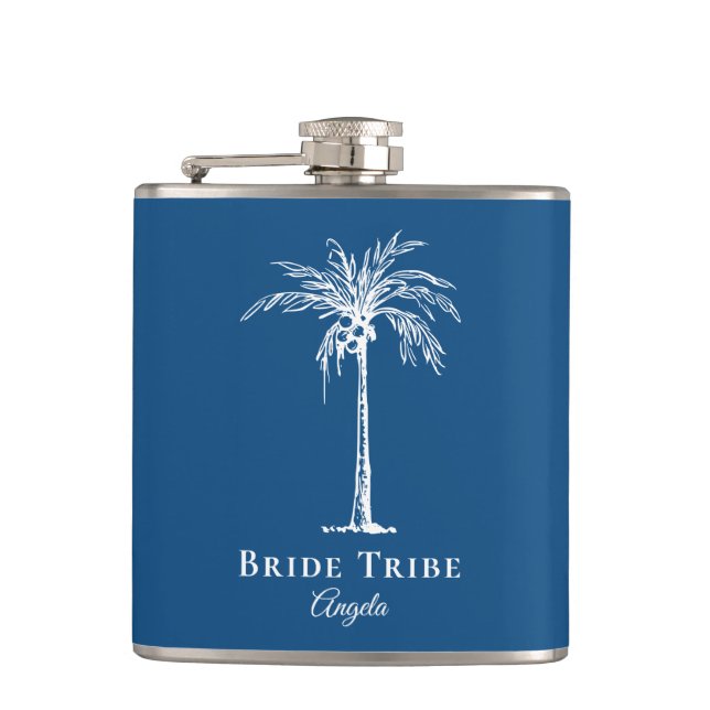 Bride Stamm Blue White Palm Tree Custom Flachmann (Vorderseite)
