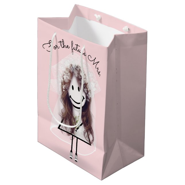 Bride Strichfigur-Mädchen mit Bridal Bouquet Mittlere Geschenktüte (Vorderseite Schrägansicht)