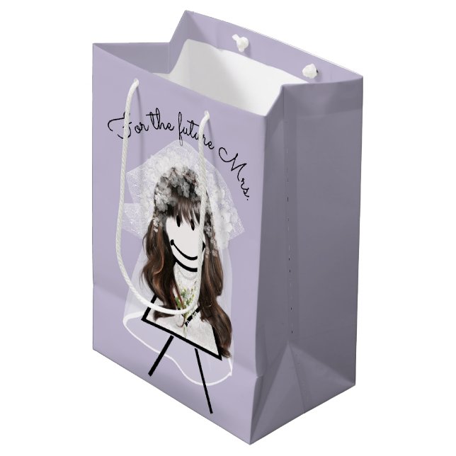 Bride Strichfigur-Mädchen mit Daisy Bouquet Mittlere Geschenktüte (Vorderseite Schrägansicht)