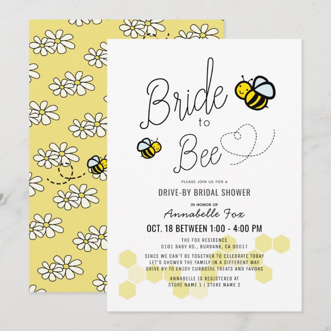 Bride to Bee White Drive-by-Brautparty Einladung (Vorne/Hinten)