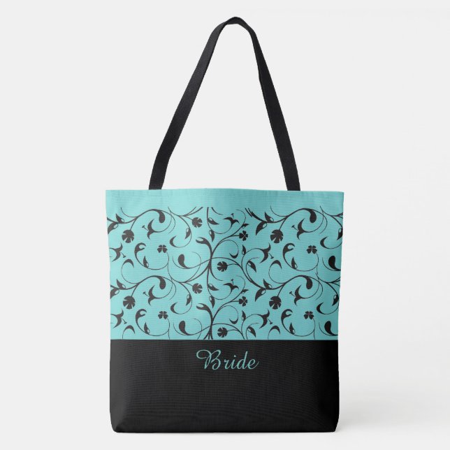 Bride Tote Bag Aqua & Black Scrolls Tasche (Vorderseite)