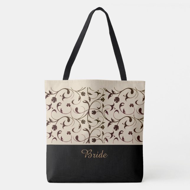 Bride Tote Tag Beige & Brown Scrolls Tasche (Vorderseite)
