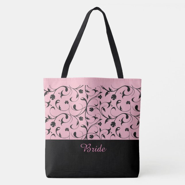 Bride Tote Tag Pink & Black Scrolls Tasche (Vorderseite)