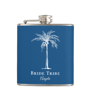 Bride Tribe Blue White Palm Tree Custom Flachmann
