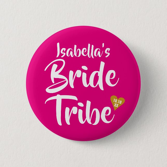 Bride Tribe Gold Date Heart Girl Pink Button (Vorderseite)