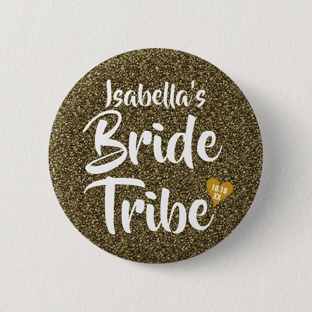Bride Tribe Gold Date Herz Personalisierter Glitze Button (Vorderseite)