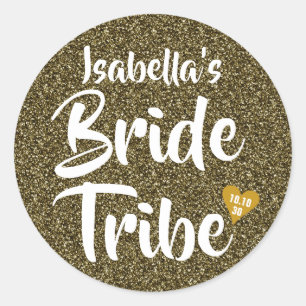 Bride Tribe Gold Date Herz Personalisierter Glitze Runder Aufkleber