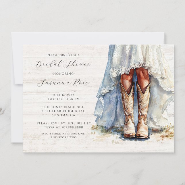 Bride Wedding Dress Cowgirl Boots Brautparty Einladung (Vorderseite)