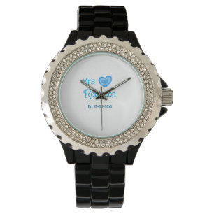 Bride zu Mrs. Name Datum blau Herz Wassercolo Armbanduhr