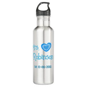 Bride zu Mrs. Name Datum blau Herz Wassercolo Edelstahlflasche
