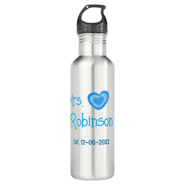 Bride zu Mrs. Name Datum blau Herz Wassercolo Edelstahlflasche (Vorderseite)