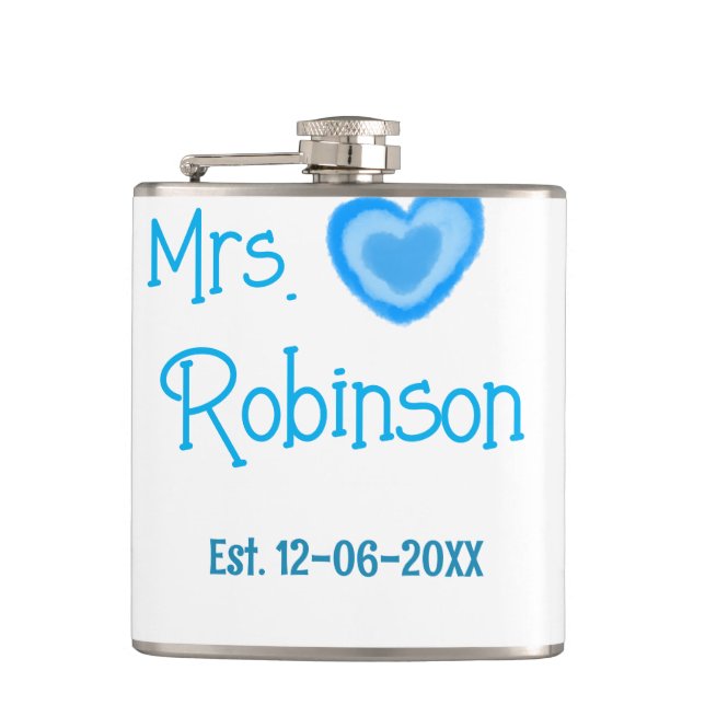 Bride zu Mrs. Name Datum blau Herz Wassercolo Flachmann (Vorderseite)