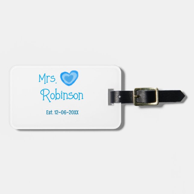 Bride zu Mrs. Name Datum blau Herz Wassercolo Gepäckanhänger (Vorderseite horizontal)
