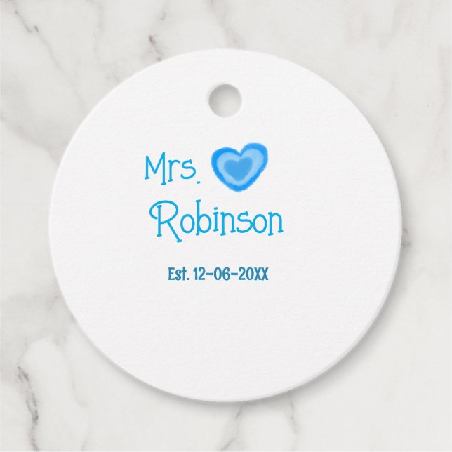 Bride zu Mrs. Name Datum blau Herz Wassercolo Geschenkanhänger (Vorderseite)