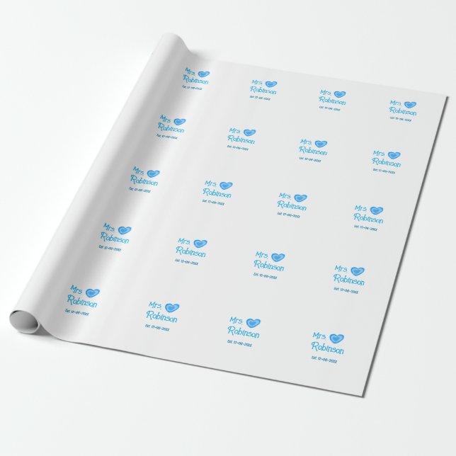 Bride zu Mrs. Name Datum blau Herz Wassercolo Geschenkpapier (Ungerollt)