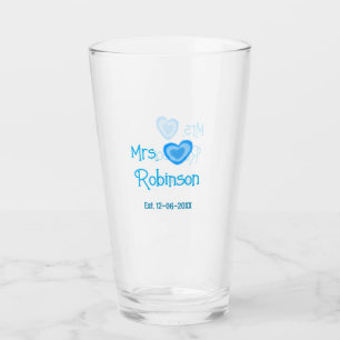 Bride zu Mrs. Name Datum blau Herz Wassercolo Glas