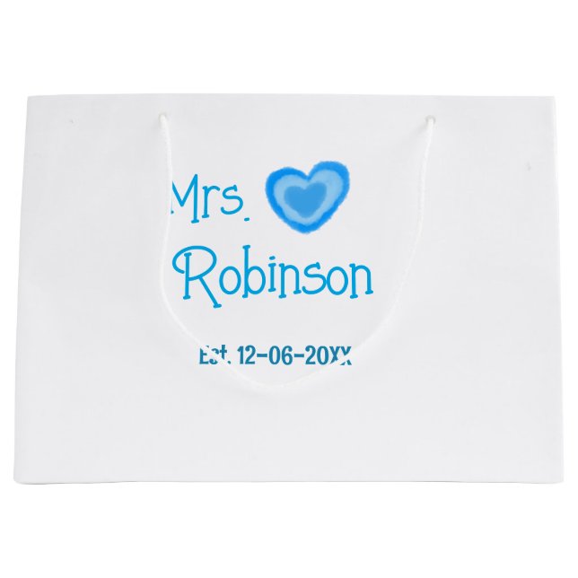 Bride zu Mrs. Name Datum blau Herz Wassercolo Große Geschenktüte (Vorderseite)