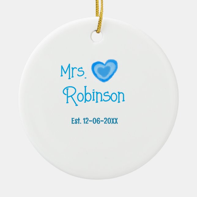 Bride zu Mrs. Name Datum blau Herz Wassercolo Keramik Ornament (Vorne)