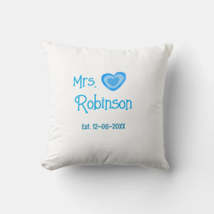 Bride zu Mrs. Name Datum blau Herz Wassercolo Kissen