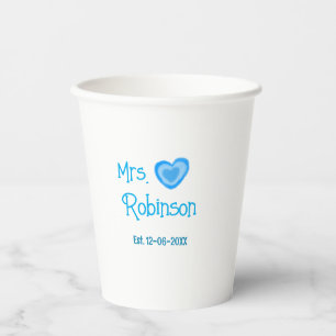 Bride zu Mrs. Name Datum blau Herz Wassercolo Pappbecher