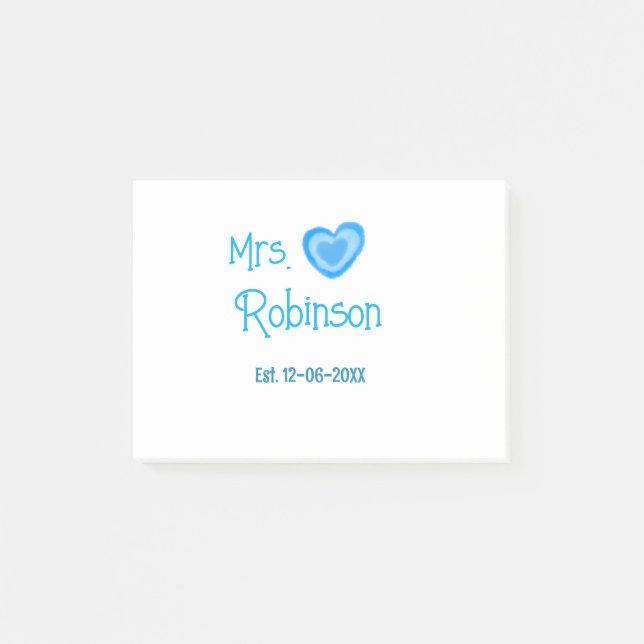 Bride zu Mrs. Name Datum blau Herz Wassercolo Post-it Klebezettel (Vorderseite)