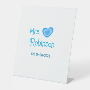 Bride zu Mrs. Name Datum blau Herz Wassercolo Sockelschild