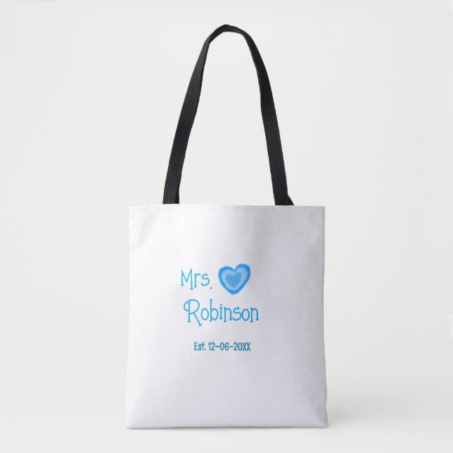 Bride zu Mrs. Name Datum blau Herz Wassercolo Tasche (Vorderseite)