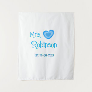 Bride zu Mrs. Name Datum blau Herz Wassercolo Wandteppich