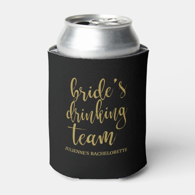 Bride's Drinking Team Gold Glitzer Bachelorette Dosenkühler (Kanne Vorderseite)