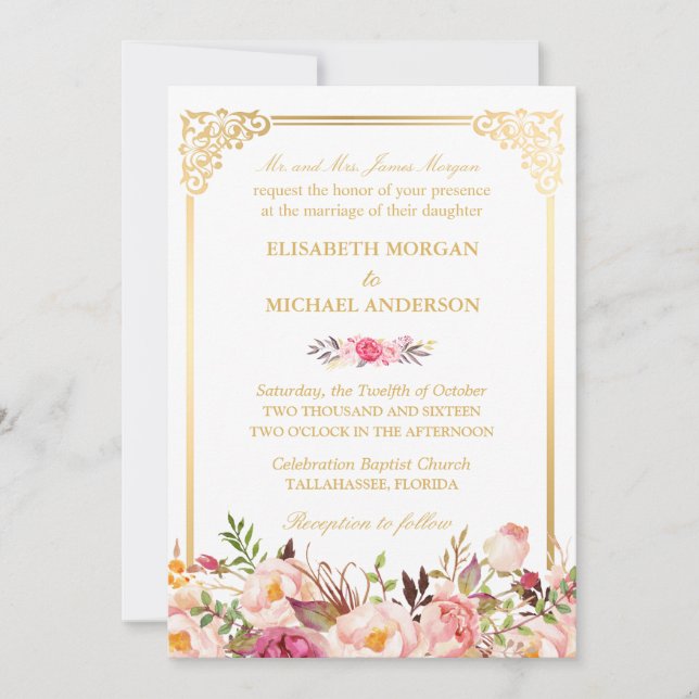 Brides Eltern Vintage Goldrahmen-Blumenhochzeit Einladung (Vorderseite)
