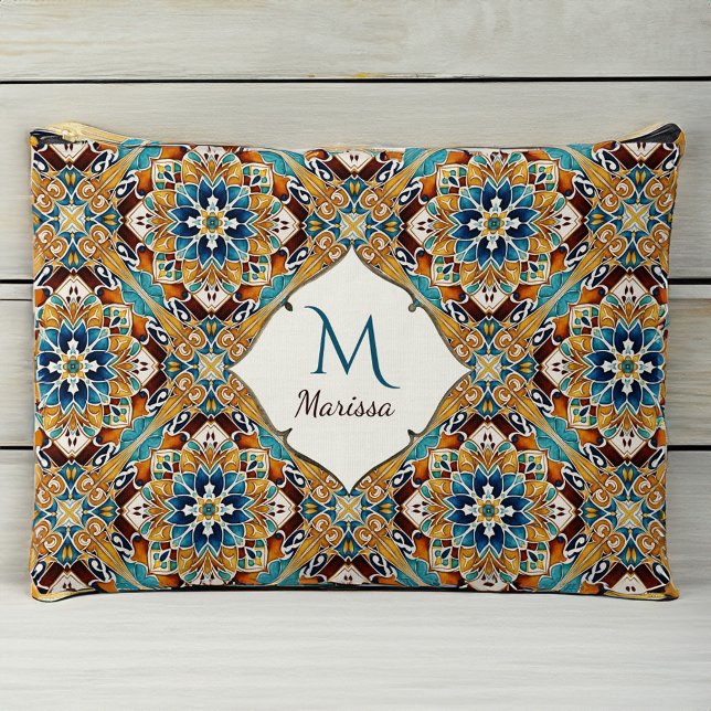 Bridesmädchen geben Aquamarines braunes Talavera m Zubehörtasche (Bridesmaids gifts Teal brown talavera monogrammed Accessory Pouch personalized name pouch)