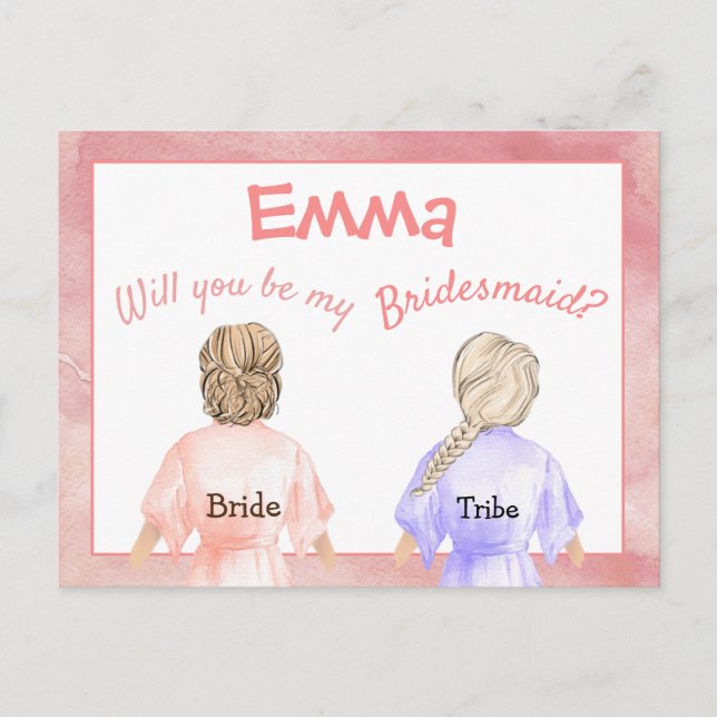 Bridesmaid-Anfrage/Mädchen in Roben Back View/Peac Einladungspostkarte (Vorderseite)