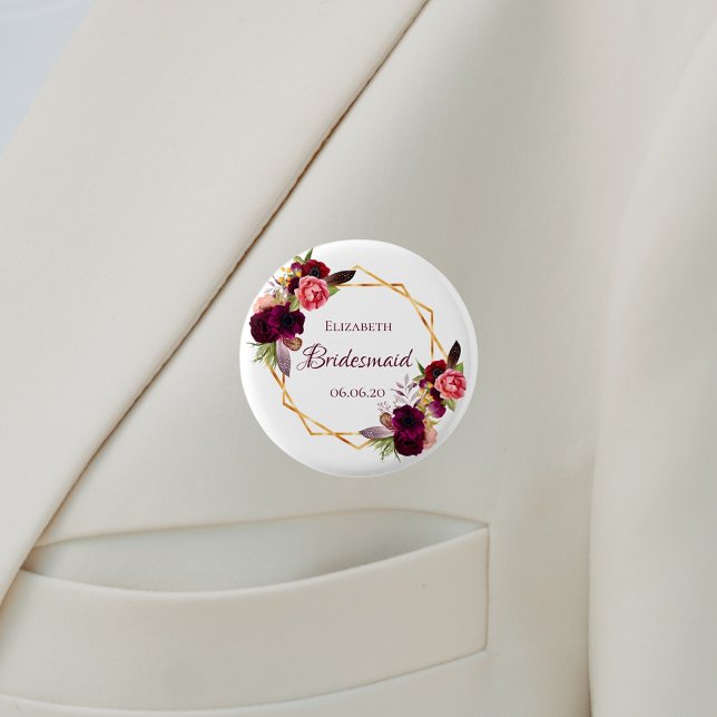 Bridesmaid Aquarellblumen bordeauxrot weiß Button (Von Creator hochgeladen)