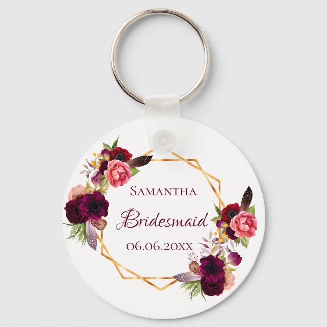 Bridesmaid Aquarellblumen bordeauxrot weiß Schlüsselanhänger (Vorderseite)
