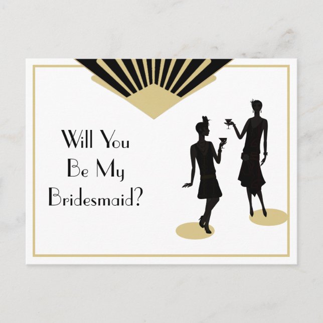 Bridesmaid Art Deco Black Gold Einladungspostkarte (Vorderseite)