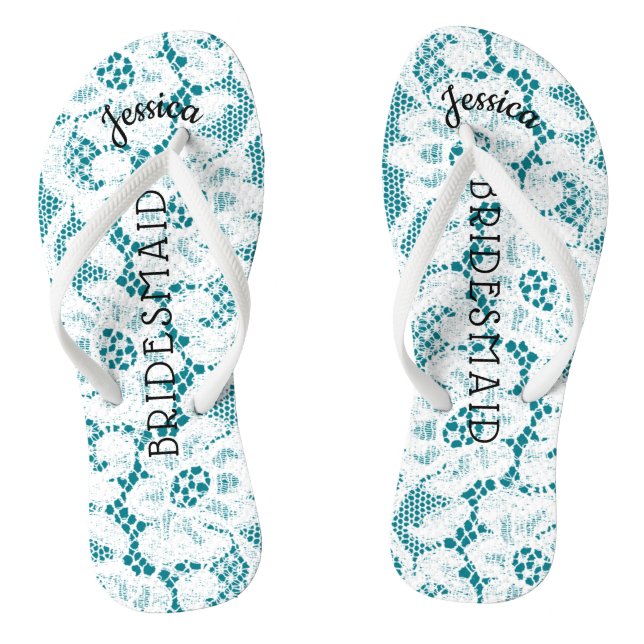Bridesmaid Beach Wedding | Floral White Lace Aqua Flip Flops (Fußbett)