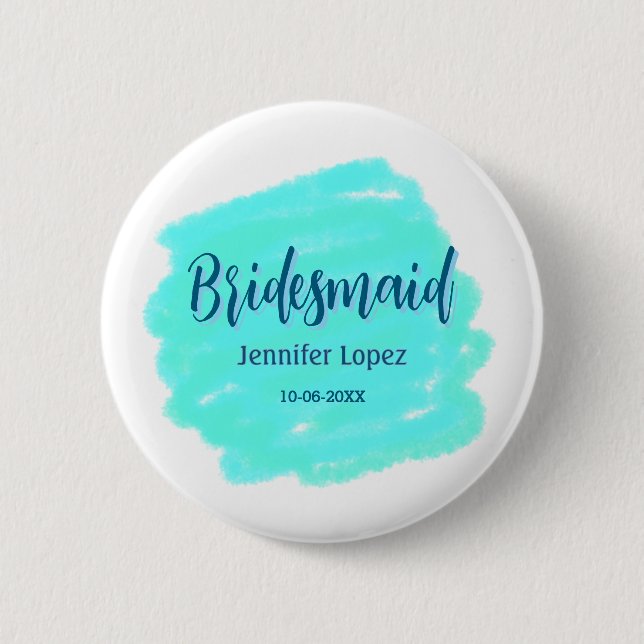 Bridesmaid blau grün Aquarellfarbe Name Datum ange Button (Vorderseite)