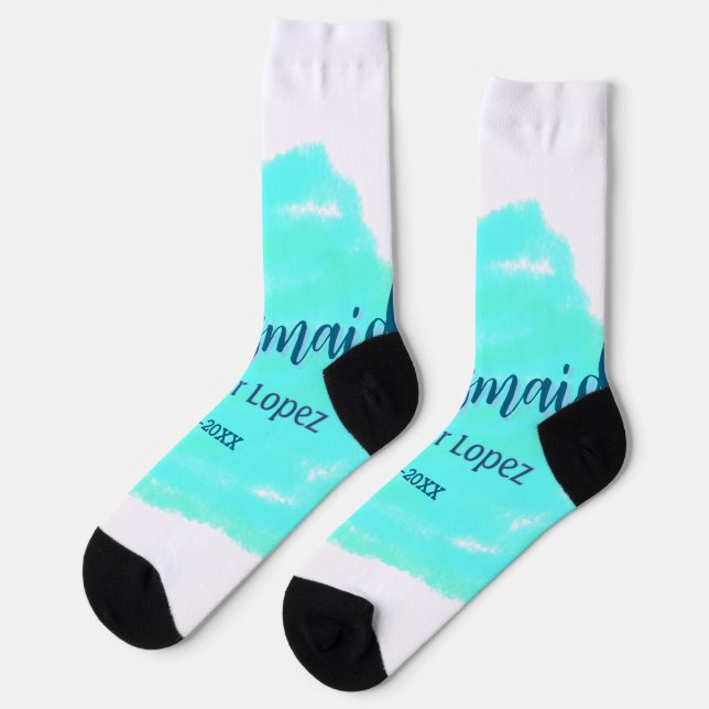 Bridesmaid blau grün Aquarellfarbe Name Datum ange Socken (Linkes Detail)